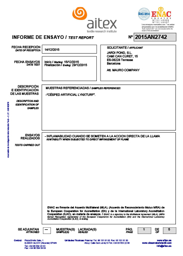 Certificado césped artificial lynxturf